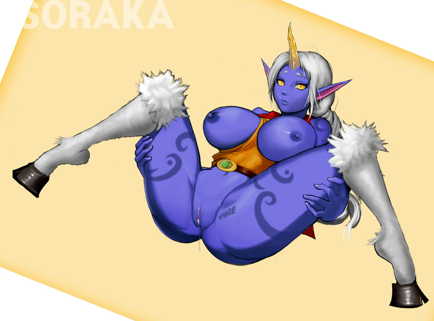 big_breasts breasts darkrumi female hair hooves horn league_of_legends lying navel nipples on_back pointy_ears pussy pussy_juice solo soraka spread_legs spreading white_hair yellow_eyes
