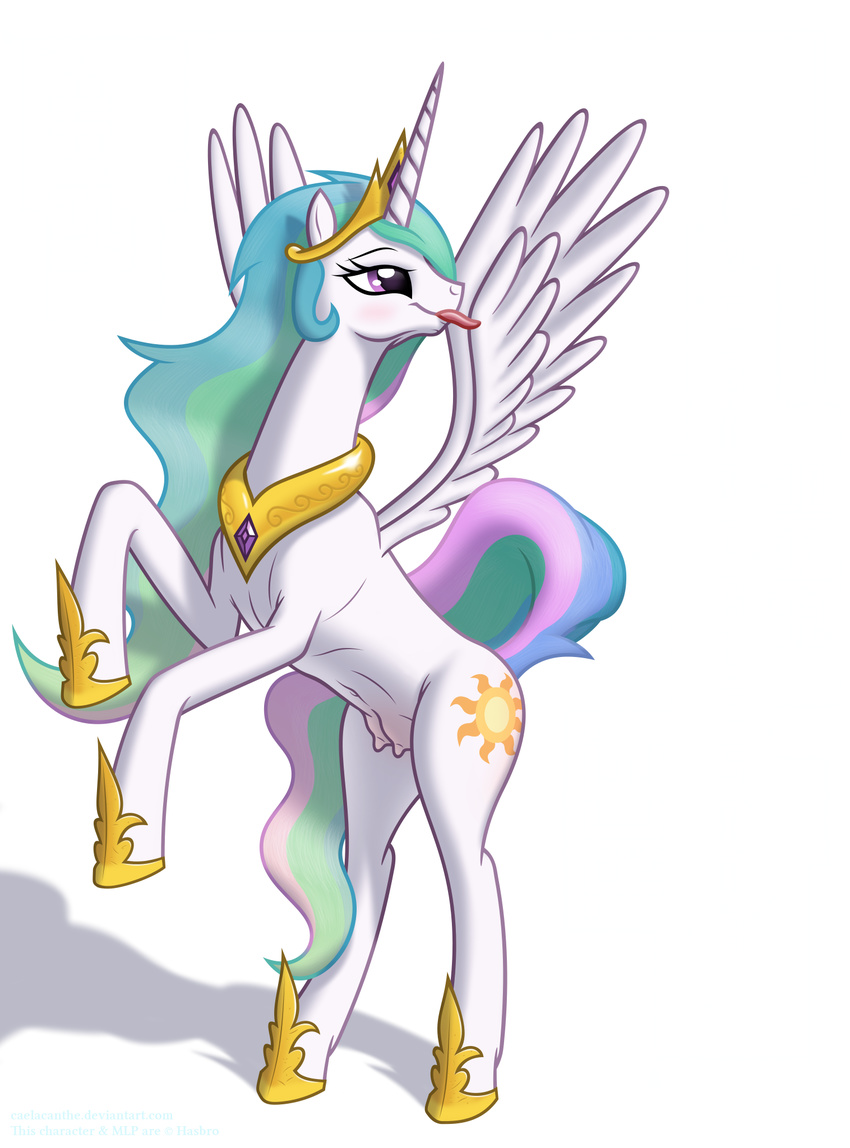 armor blush caelacanthe crown cutie_mark equine female feral friendship_is_magic hair horn jewelry mammal multi-colored_hair my_little_pony necklace plain_background pose princess princess_celestia princess_celestia_(mlp) purple_eyes royalty solo teats tongue white_body winged_unicorn wings