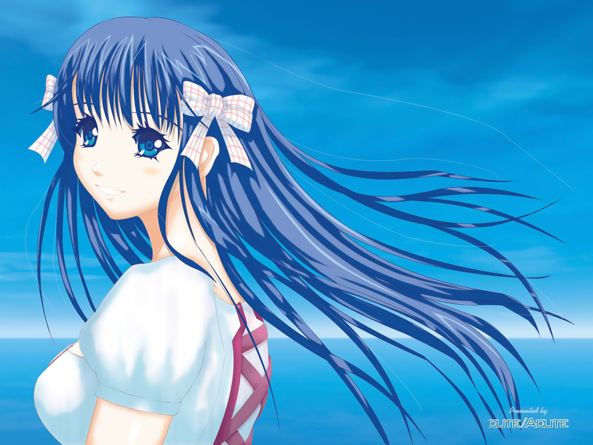 arin artist_request blue_eyes blue_hair day highres long_hair ocean outdoors pangya ribbon sky smile solo