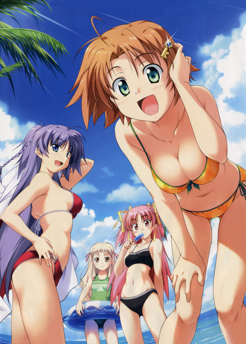 :d absurdres ahoge beach bent_over bikini blonde_hair blue_eyes blush breasts cleavage cloud day food green_eyes hair_ribbon hand_on_thigh hasumi_ichino highres innertube kurumizawa_suzuki large_breasts leaning_forward long_hair medium_breasts midriff multi-strapped_bikini multiple_girls navel ocean open_mouth orihara_natsumi outdoors palm_tree pink_hair popsicle purple_hair red_eyes ribbon scan short_hair side-tie_bikini sky small_breasts smile swimsuit takeya_masami te_to_te_try_on tokura_temari tree water