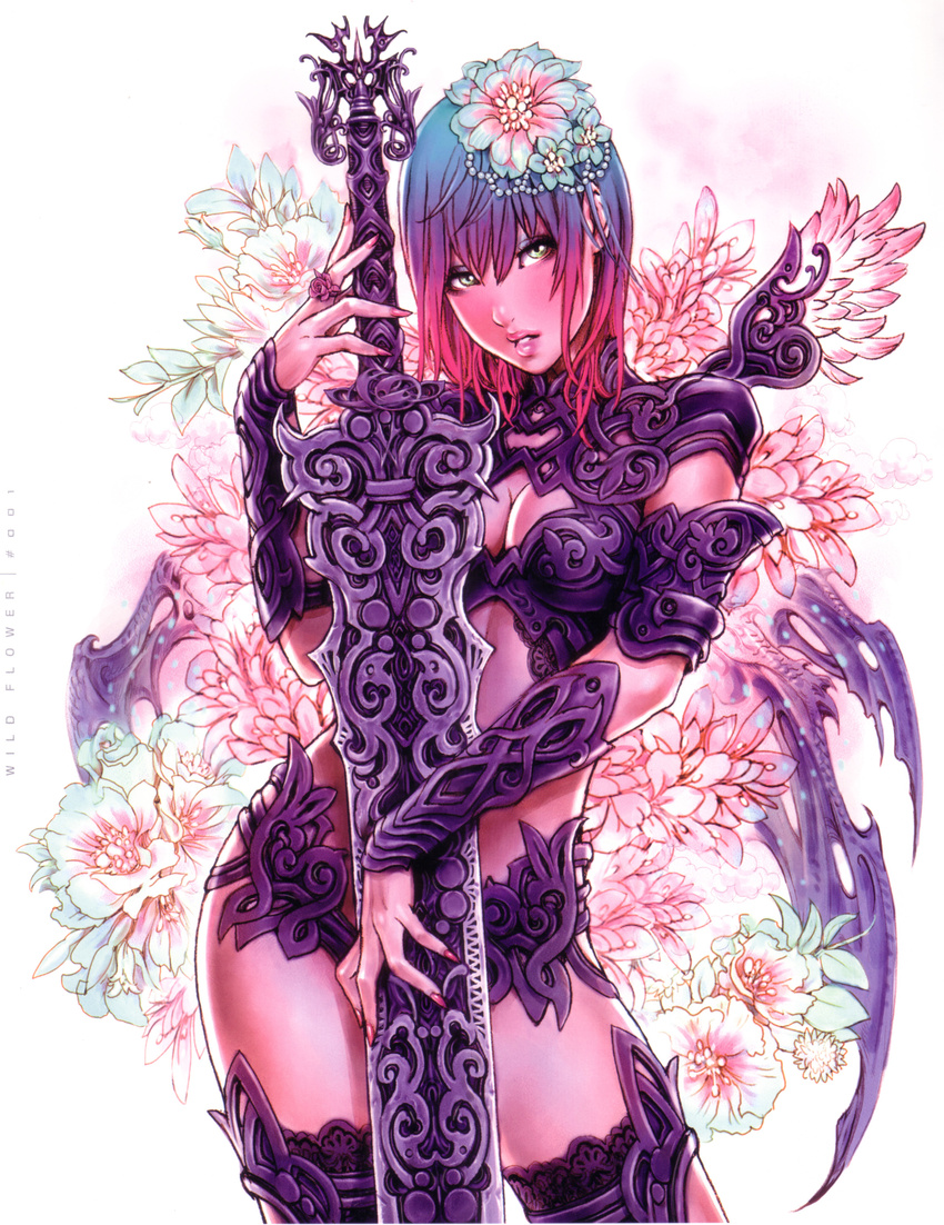 absurdres armband armor bikini_armor blue_hair blush breasts cleavage fingernails flower gradient_hair green_eyes hair_flower hair_ornament highres huge_weapon jewelry lace lips lipstick long_fingernails makeup medium_breasts multicolored_hair nail_polish non-web_source pink_hair pink_lipstick pink_nails purple_hair ring scan short_hair solo standing sword thighhighs turtleneck weapon wild_flower yamashita_shun'ya zettai_ryouiki