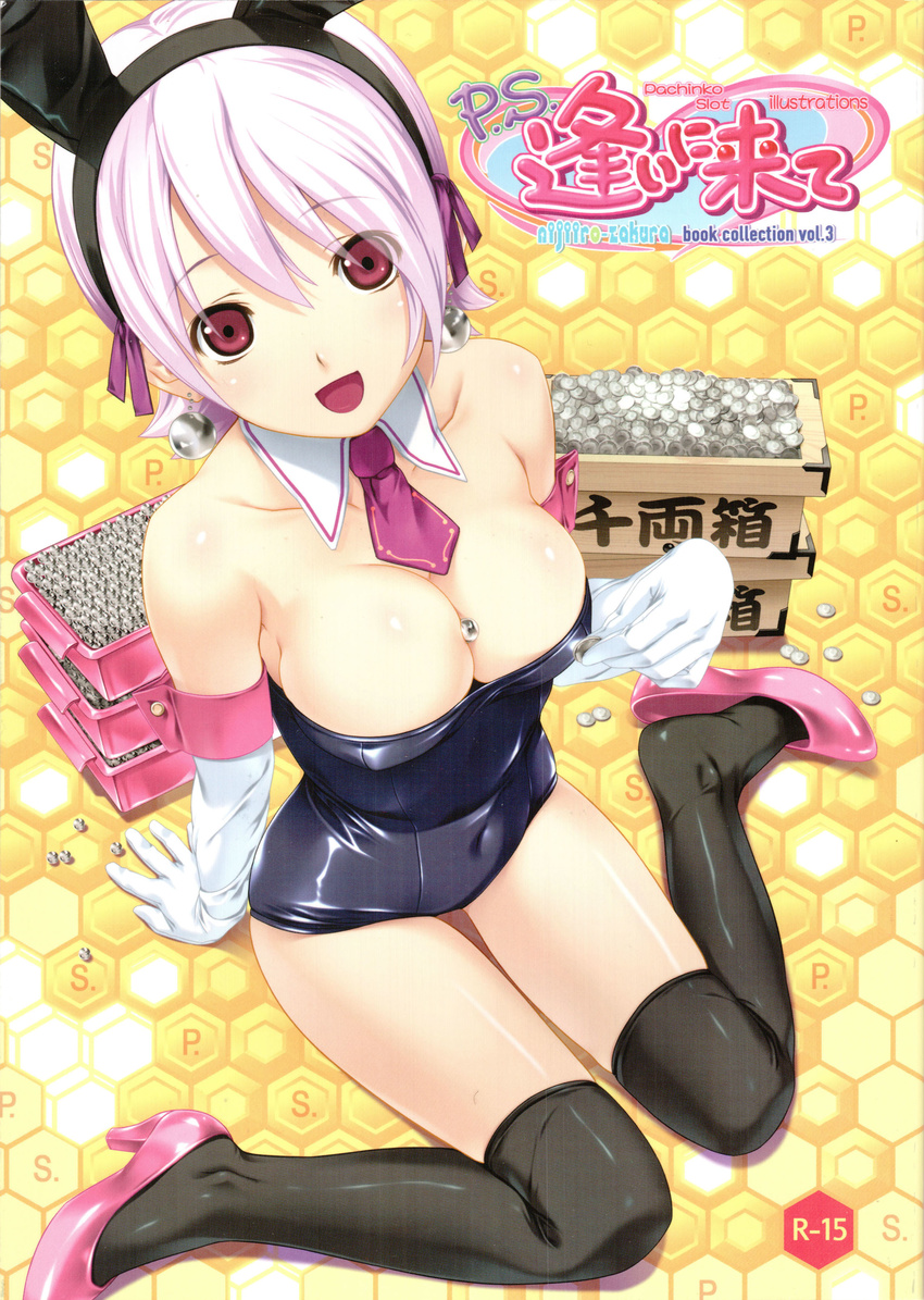 absurdres animal_ears bare_shoulders between_breasts breasts bunny_ears bunny_girl bunnysuit cleavage downblouse earrings elbow_gloves gloves high_heels highres jewelry koutaro large_breasts necktie open_mouth original pachinko pink_hair red_eyes shoes short_hair sitting smile solo thighhighs