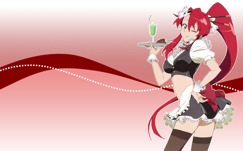 ;) apron artist_request bendy_straw big_hair black_skirt blazer breasts brown_legwear crop_top cup doughnut drinking_glass drinking_straw food food_as_clothes frilled_apron frills hair_ornament hair_stick hand_on_hip high_ponytail highres holding holding_tray jacket long_hair looking_at_viewer looking_to_the_side medium_breasts midriff miniskirt navel one_eye_closed pieces_of_sweet_stars pocky puffy_short_sleeves puffy_sleeves red_hair shirt short_sleeves skirt sleeveless_blazer smile solo source_request standing tengen_toppa_gurren_lagann thighhighs tray twisted_torso very_long_hair waist_apron waitress wallpaper white_apron white_shirt wrist_cuffs yoko_littner
