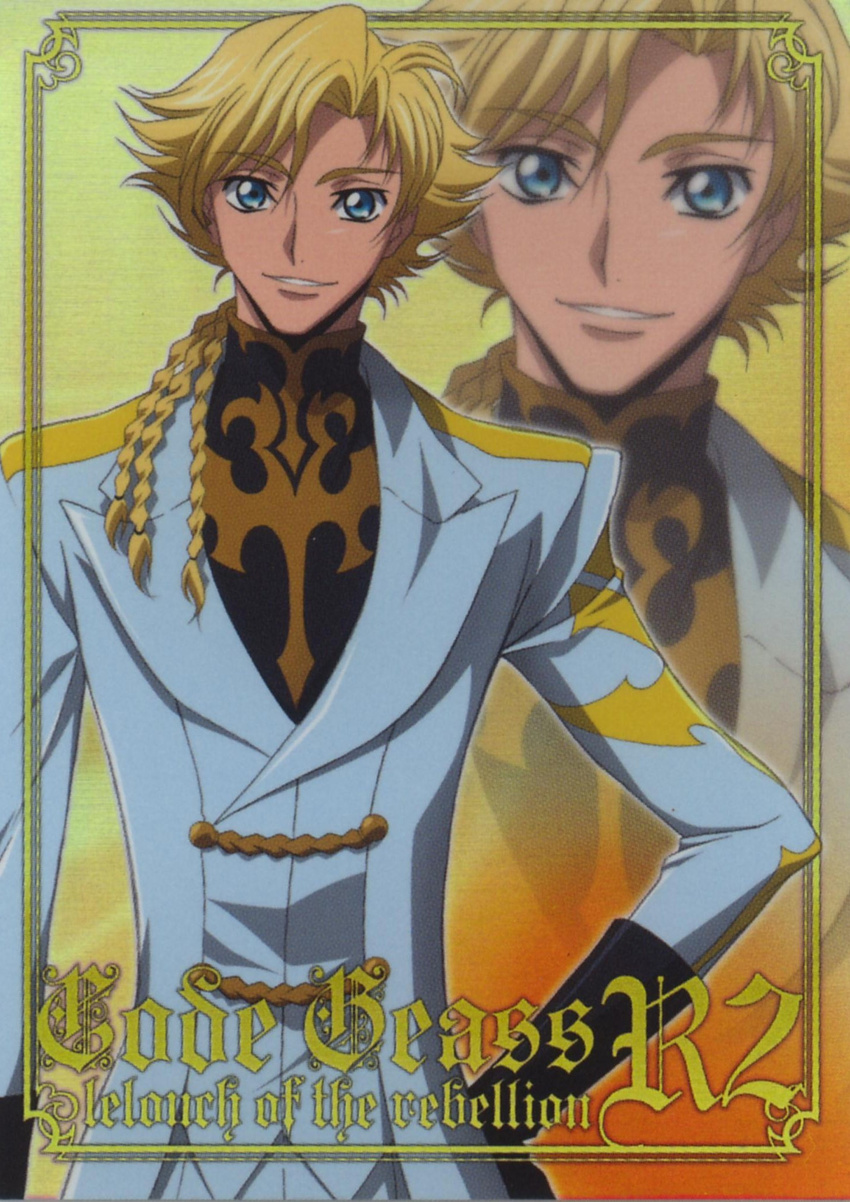 artist_request blonde_hair blue_eyes border code_geass copyright_name gino_weinberg highres knights_of_the_round_uniform long_sleeves looking_at_viewer male_focus military number parted_lips scan solo text_focus zoom_layer
