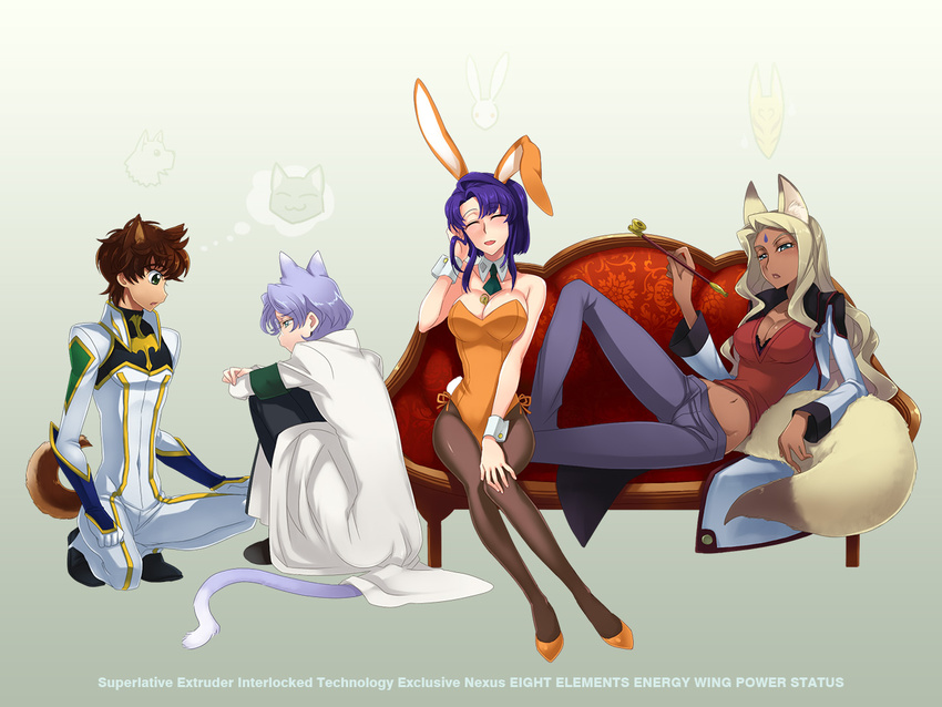 2girls animal_ears blush brown_hair bunny_ears bunny_tail bunnysuit cat_ears cat_tail cecile_croomy code_geass dark_skin dog_ears dog_tail fox_ears fox_tail hazuki_gean holding holding_pipe kiseru kururugi_suzaku lloyd_asplund long_hair multiple_boys multiple_girls pantyhose pipe purple_hair rakshata_chawla short_hair sulking tail