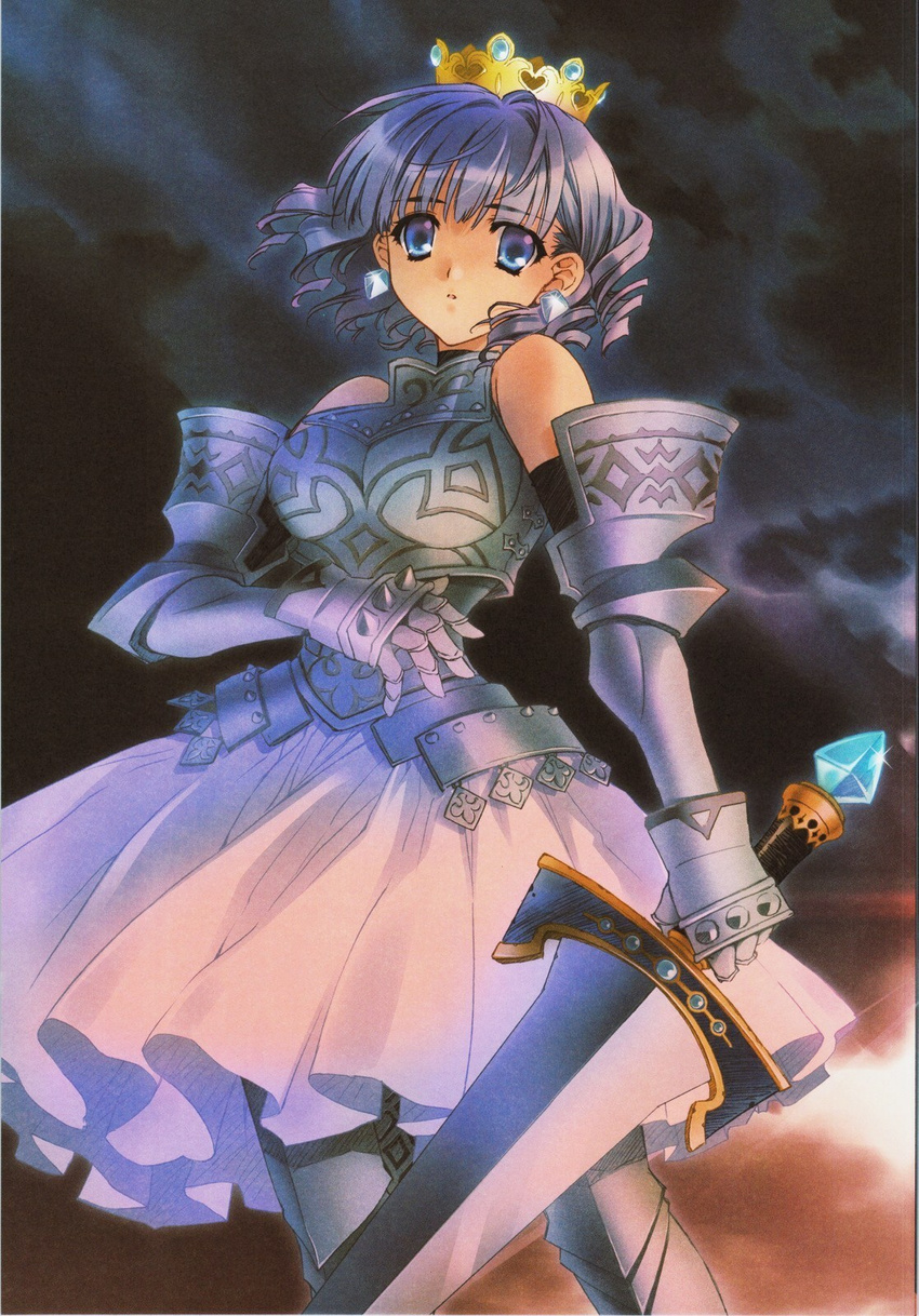 armor armored_dress artbook blue_eyes blue_hair carnelian curly_hair earrings gradriel highres jewelry princess_crown short_hair sword weapon