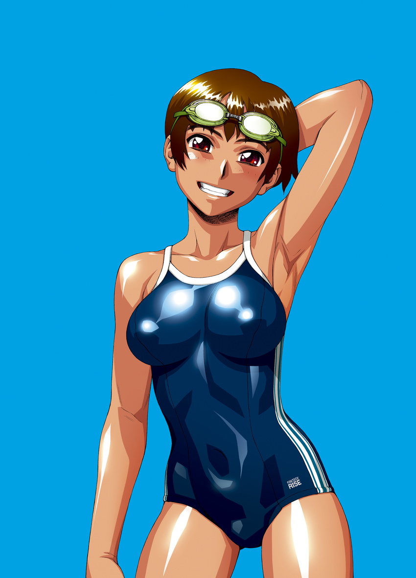 arm_up armpits blue_background breasts brown_hair collarbone competition_school_swimsuit copyright_request covered_nipples cowboy_shot double_vertical_stripe goggles goggles_on_head grin hand_behind_head highres large_breasts minazuki_juuzou one-piece_swimsuit red_eyes school_swimsuit shiny shiny_clothes shiny_skin short_hair simple_background smile solo standing swimsuit