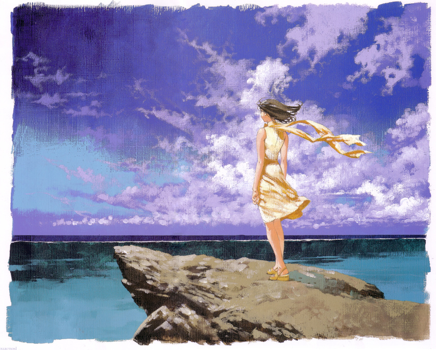 absurdres arms_at_sides bare_legs bare_shoulders border brown_hair cliff cloud dress facing_away floating_hair from_behind highres horizon mishima_reika ocean outdoors rahxephon sandals scarf scenery sky sleeveless sleeveless_dress solo standing white_border wind yamada_akihiro yellow_dress