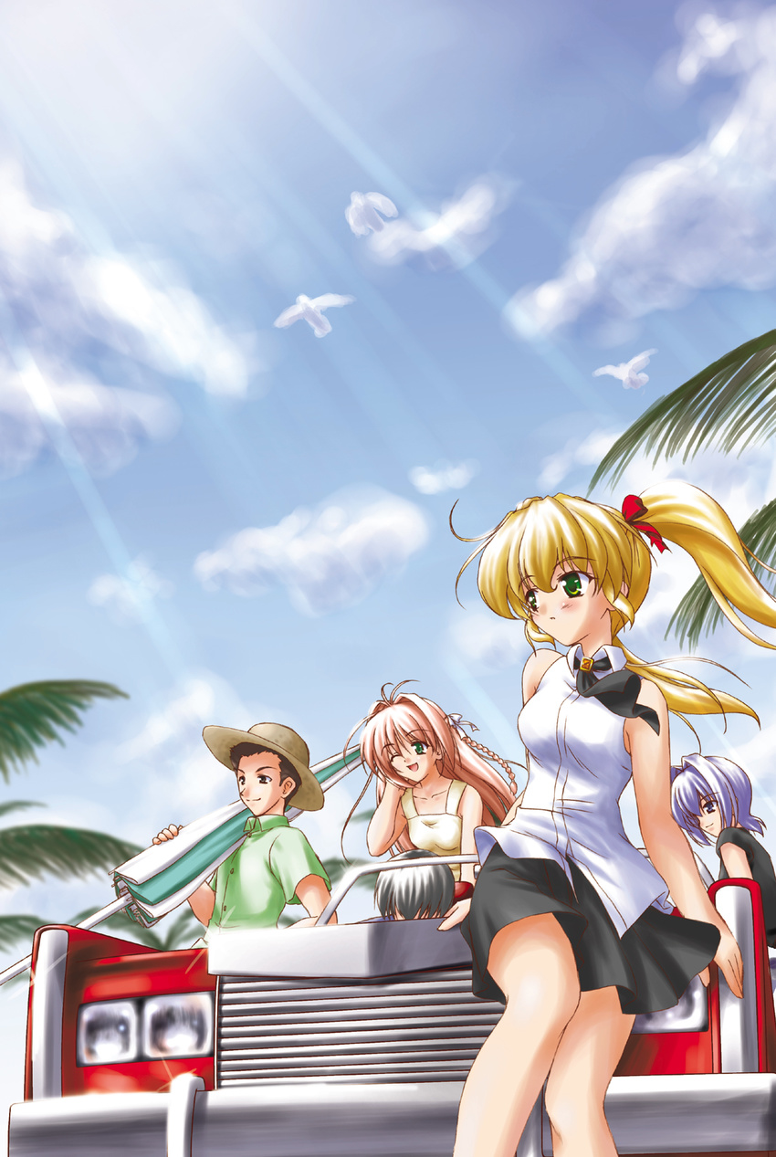 antenna_hair black_hair blonde_hair blue_eyes blue_hair braid brown_hair car daikuuji_ayu green_eyes ground_vehicle hat hayase_mitsuki highres kazami_haruki kimi_ga_nozomu_eien long_hair motor_vehicle multiple_girls narumi_takayuki one_eye_closed sitting smile suzumiya_haruka taira_shinji twintails umbrella