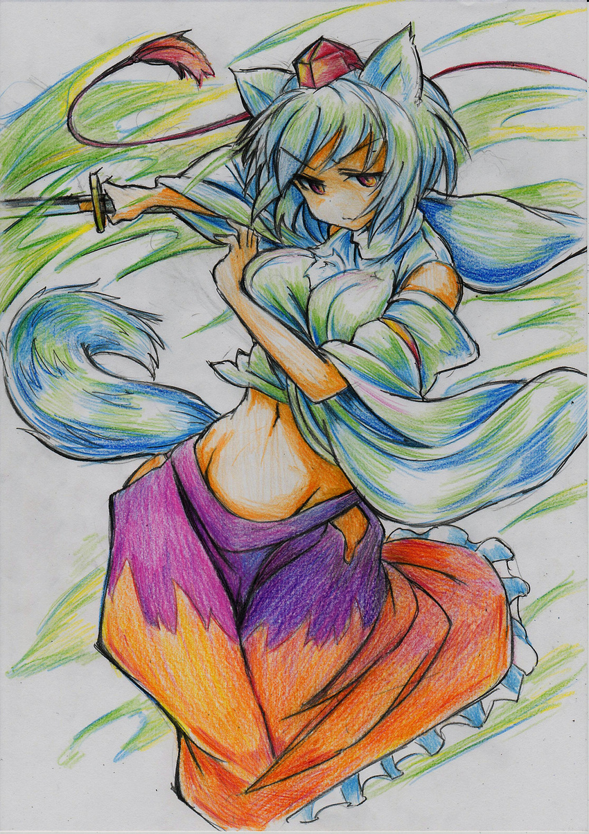 absurdres animal_ears colored_pencil_(medium) detached_sleeves groin hat highres inubashiri_momiji kitazinger midriff navel red_eyes short_hair skirt solo tail tokin_hat touhou traditional_media white_hair wolf_ears wolf_tail