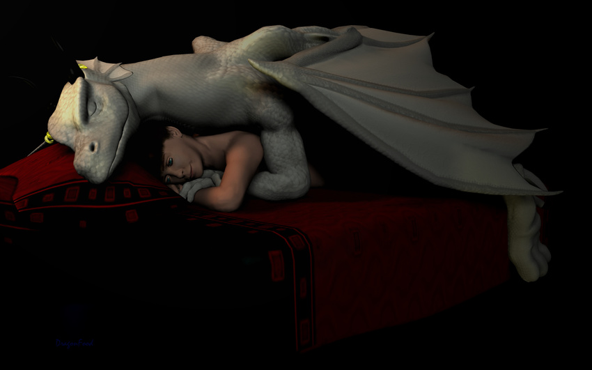 3d bed dragon dragonfood eyes_closed gay hug human interspecies male mammal sleeping smile white_dragon wings