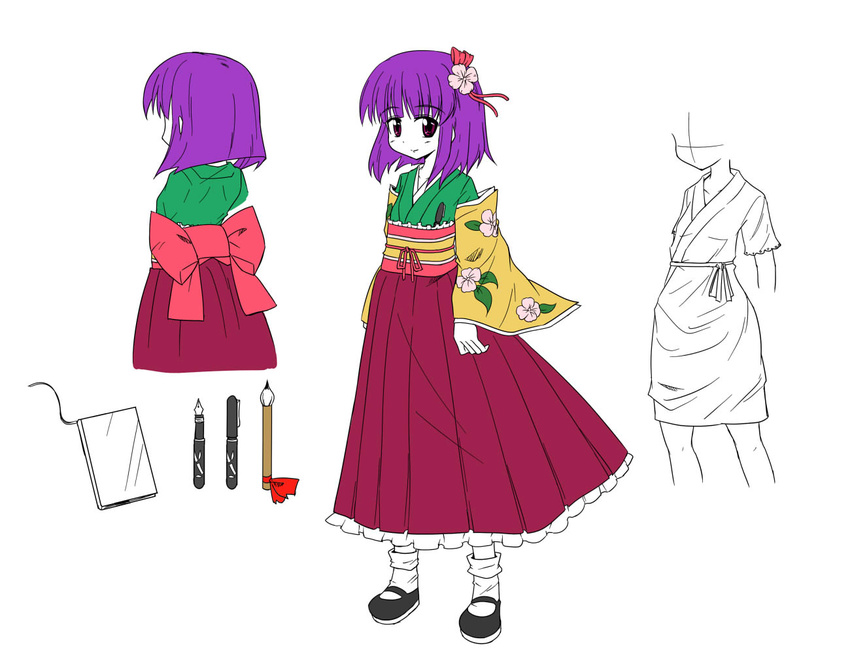 hieda_no_akyuu looking_at_viewer nibi purple_hair short_hair simple_background smile solo touhou white_background