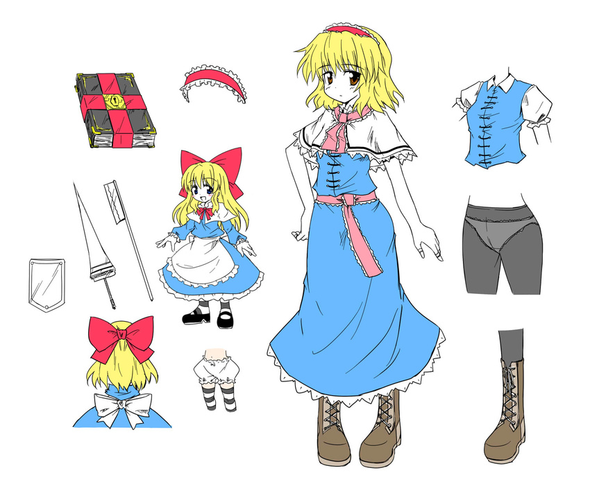 alice_margatroid blonde_hair bloomers book boots cross-laced_footwear crotch_seam highres lace-up_boots lance looking_at_viewer mary_janes nibi panties panties_under_pantyhose pantyhose polearm shanghai_doll shield shoes short_hair simple_background solo striped striped_legwear thighhighs touhou underwear weapon white_background white_bloomers