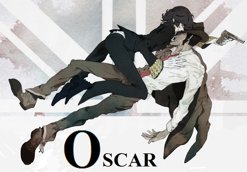 2boys absurdres black_hair eyes_closed gloves gun hat high_heels highres jacket lupin_iii male male_focus multiple_boys necktie oscar_(lupin) shoes short_hair sideburns sleeping tie tms_entertainment weapon white_gloves yaoi zenigata_kouichi