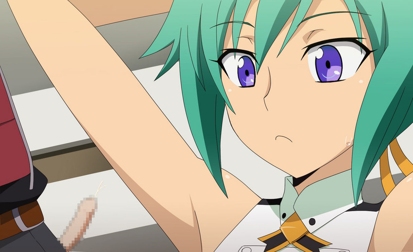 1boy 1girl aquarion_(series) aquarion_evol armpit_sex arms_up censored cum ejaculation erection fail failure green_hair handsfree_ejaculation little_penis m_system mosaic_censoring penis purple_eyes short_hair small_penis tiny_penis zessica_wong