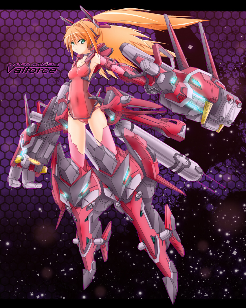 alternate_color_school_swimsuit bare_shoulders breasts densou_tenshi_valforce green_eyes hair_ornament highres honeycomb_(pattern) honeycomb_background karukan_(monjya) long_hair mecha_musume mechanical_arms medium_breasts misawa_elena orange_hair red_legwear red_swimsuit school_swimsuit solo swimsuit thighhighs thrusters