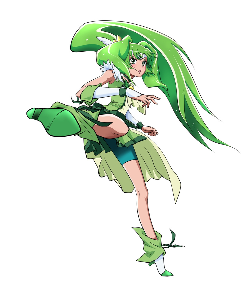 bare_legs bike_shorts bow bowtie brooch choker cure_march full_body green green_eyes green_hair green_shorts green_skirt highres jewelry kicking long_hair magical_girl midorikawa_nao ponsuke ponytail precure shoes shorts shorts_under_skirt skirt smile_precure! solo tri_tails white_background
