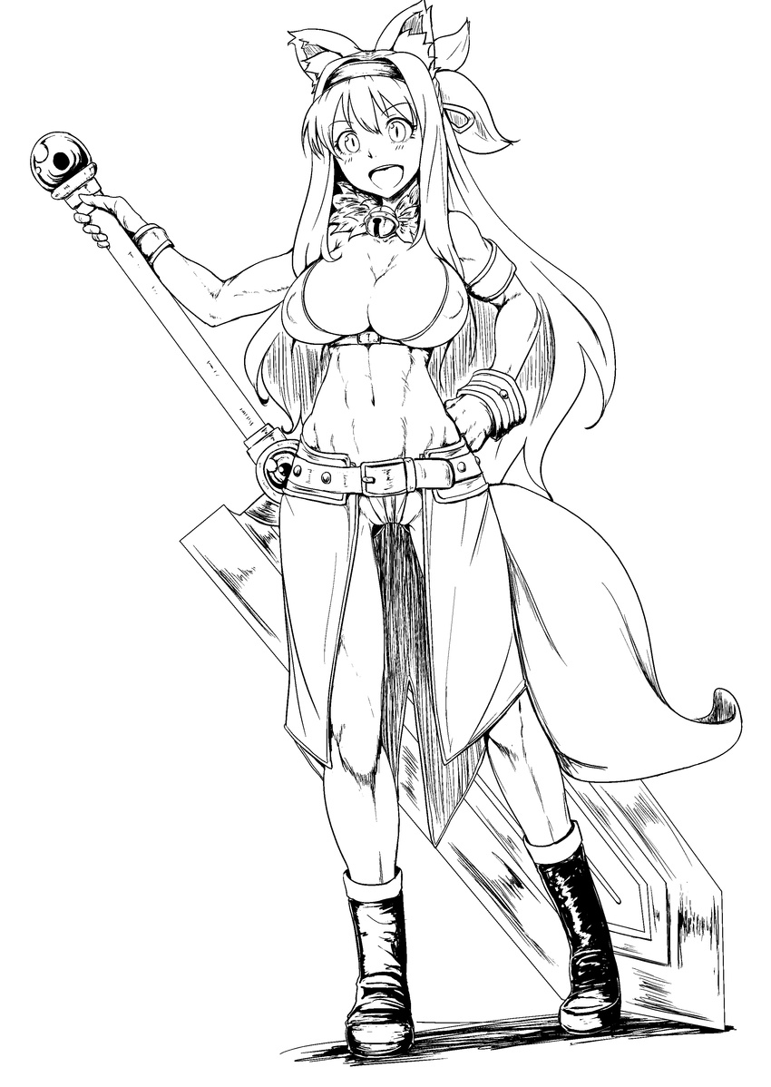 absurdres breasts clearite cleavage greyscale hand_on_hip highres huge_weapon kouretsuken_mahiru large_breasts long_hair monochrome open_mouth shinrabanshou simple_background smile solo sword very_long_hair weapon white_background