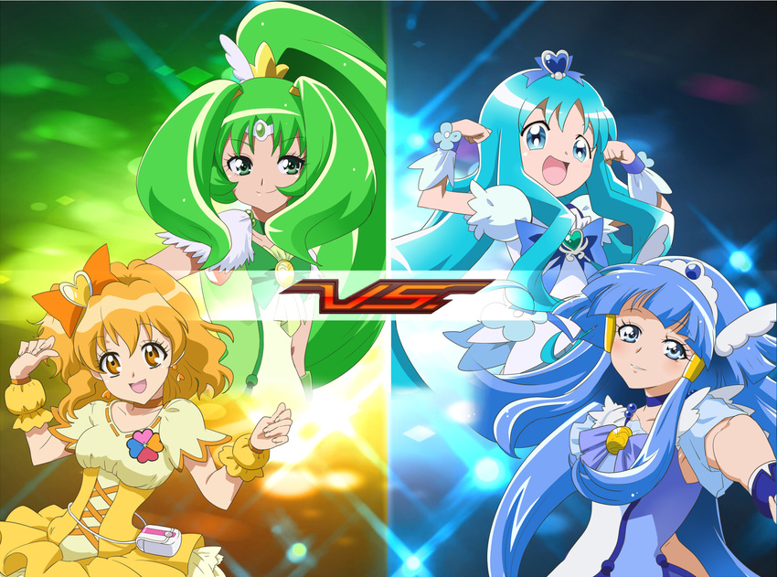 aoki_reika blue_background blue_choker blue_eyes blue_hair blush bow brooch brown_eyes brown_hair choker cure_beauty cure_march cure_marine cure_pine fresh_precure! gan_balance gradient gradient_background green_background green_choker green_eyes green_hair hair_bow hair_ornament hair_tubes hairpin head_wings heart heart_hair_ornament heartcatch_precure! jewelry kurumi_erika long_hair magical_girl midorikawa_nao multiple_girls orange_choker precure ribbon short_hair side_ponytail sidelocks smile smile_precure! tiara tri_tails vs yamabuki_inori yellow_background