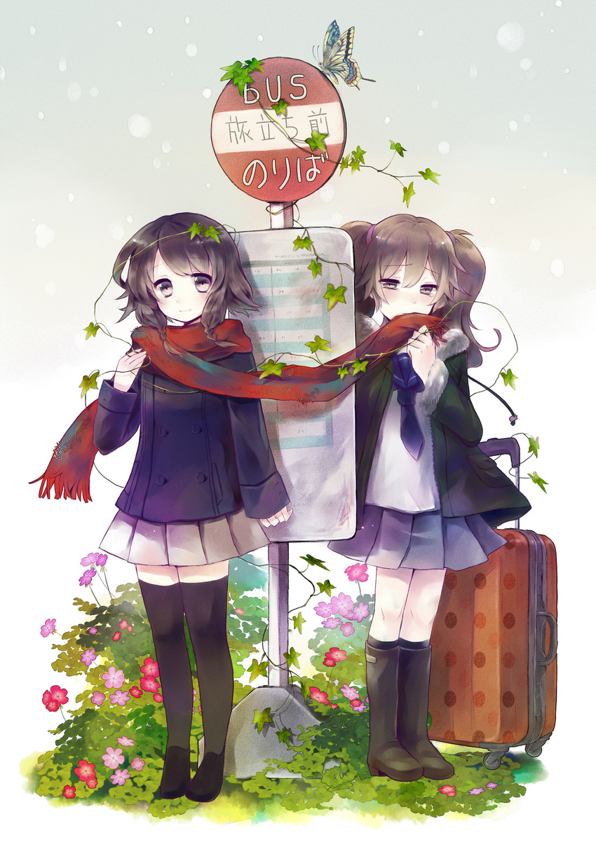 absurdres boots brown_hair bug bus_stop buttons coat flower grass hairband hanekoto highres insect jacket light_smile moth multiple_girls necktie original purple_eyes red_scarf scarf shared_scarf sign skirt smile suitcase tears thighhighs twintails