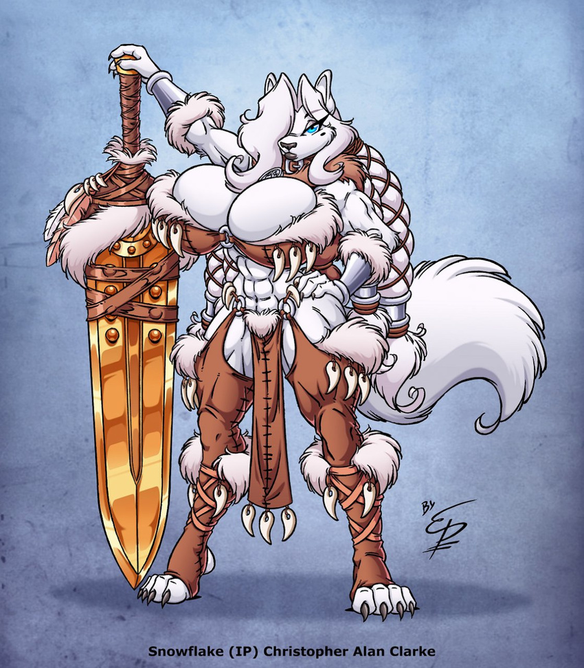 abs anthro barbarian beauty_mark biceps big_breasts black_lip black_lips black_nose blue_eyes breasts canine claws cleavage clothed clothing dire_wolf eltonpot female fluffy_tail fur hair hindpaw huge_breasts legwear long_hair looking_at_viewer mammal muscles muscular_female navel paws skimpy snowflake_frostfang solo sword toe_claws toeless_socks toes warrior weapon white_fur white_hair wide_hips wolf