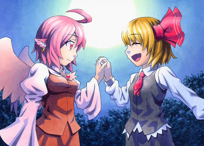 ahoge animal_ears blonde_hair closed_eyes dress_shirt earrings fang full_moon hair_ribbon holding_hands jewelry kawachi_koorogi marker_(medium) moon multiple_girls mystia_lorelei open_mouth pink_eyes pink_hair profile red_eyes ribbon rumia shirt short_hair skirt skirt_set smile touhou traditional_media vest wings