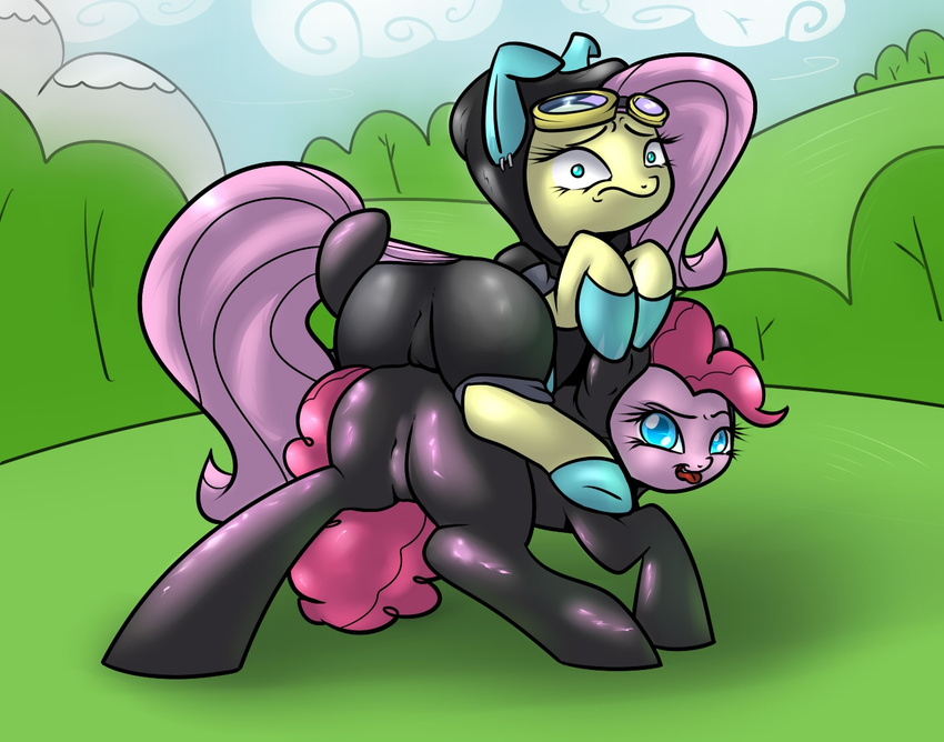 cloud clouds costume duo equine eyewear female feral fluttershy_(mlp) friendship_is_magic fur goggles grassland green_eyes horse legwear mammal my_little_pony pink_fur pinkie_pie_(mlp) pony slavedemorto tights tongue tongue_out yellow_fur