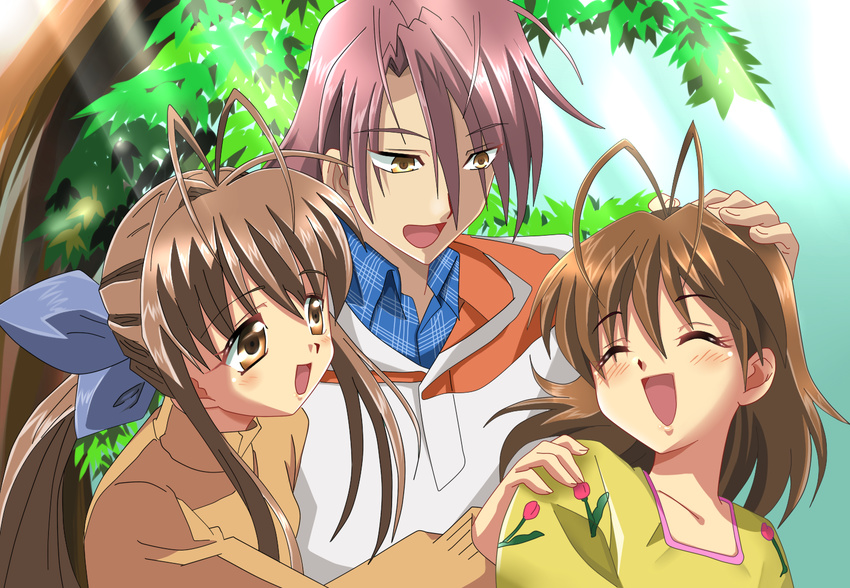 antenna_hair brown_eyes brown_hair clannad family furukawa_akio furukawa_nagisa furukawa_sanae long_hair ponytail shiguko short_hair