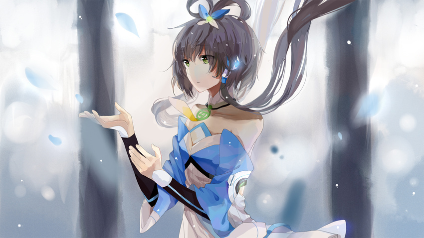 bare_shoulders black_hair floating_hair flower green_eyes hair_flower hair_ornament hair_rings hair_tubes leaf long_hair luo_tianyi petals solo vocaloid vocanese yoisy