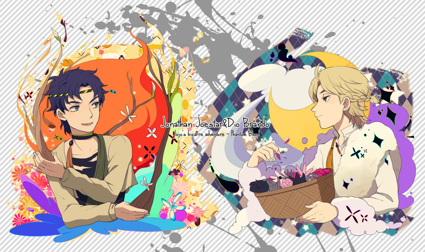 2boys basket blonde_hair blue_eyes blue_hair casual character_name copyright_name dio_brando english fabulous flower jojo_no_kimyou_na_bouken jonathan_joestar laphy male male_focus multiple_boys open_mouth red_eyes short_hair smile title_drop