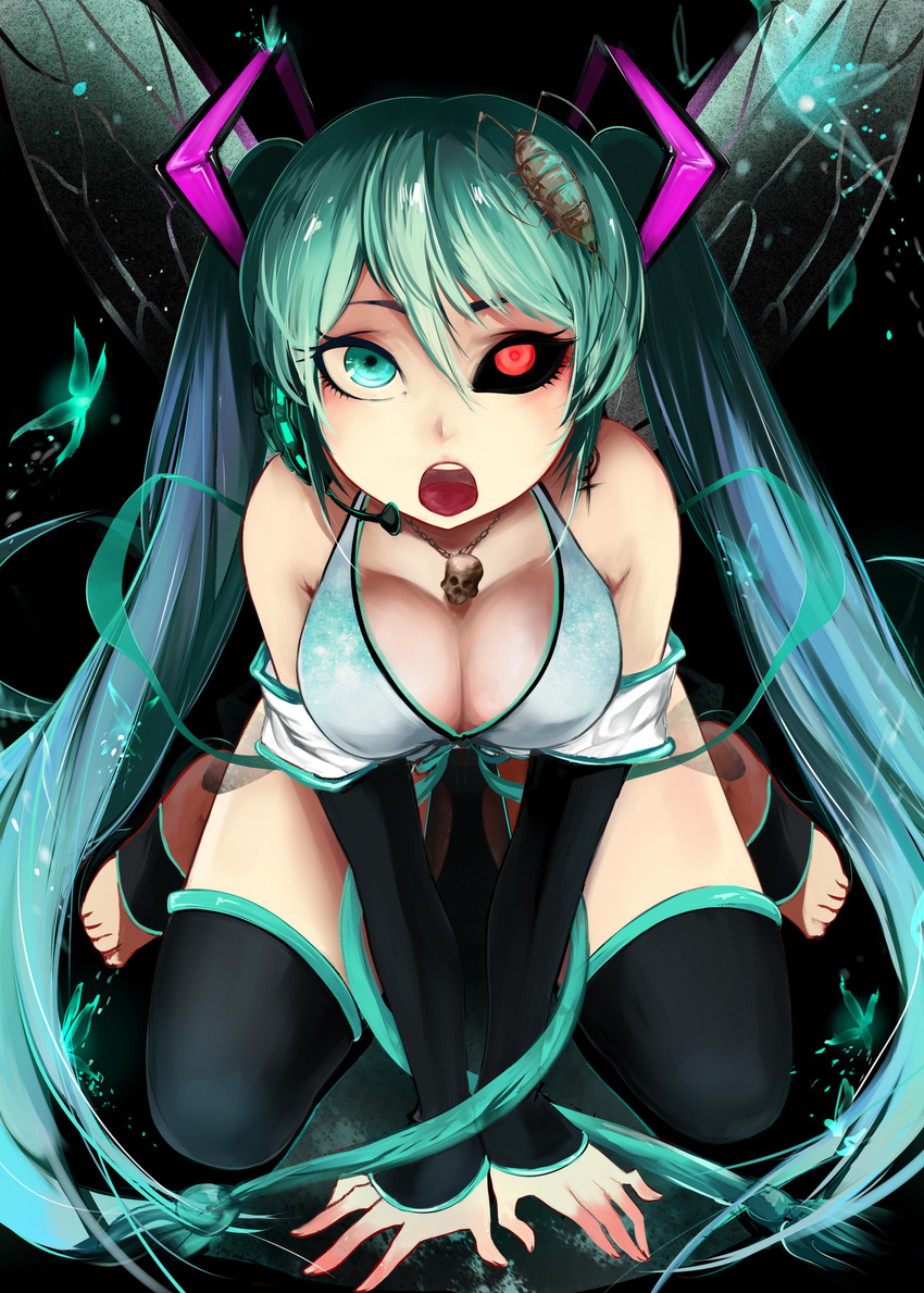 absurdres aqua_eyes barefoot black_sclera breasts calne_ca cleavage crustacean detached_sleeves feet green_hair hatsune_miku headset heterochromia highres honya1 isopod jewelry kneeling large_breasts long_hair mismatched_sclera nato-kun necklace open_mouth skull thighhighs toeless_legwear toes twintails vocaloid