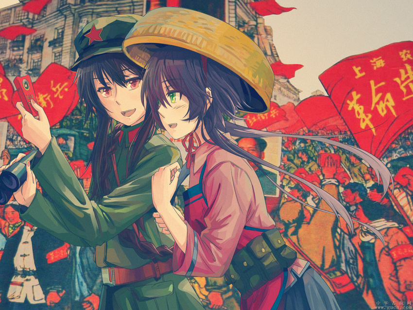 apron bad_id bad_pixiv_id binoculars china communism cultural_revolution green_eyes hat jin_chongtian luo_tianyi mao_cap mao_zedong multiple_girls red_eyes rice_hat short_hair_with_long_locks uniform vocaloid vocanese yuezheng_ling