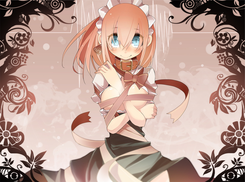 :&gt; blue_eyes blush bow breasts breasts_outside collar ear_tag large_breasts long_hair maid maid_headdress original pink_hair ribbon solo takagi_(tansuke) tansuke