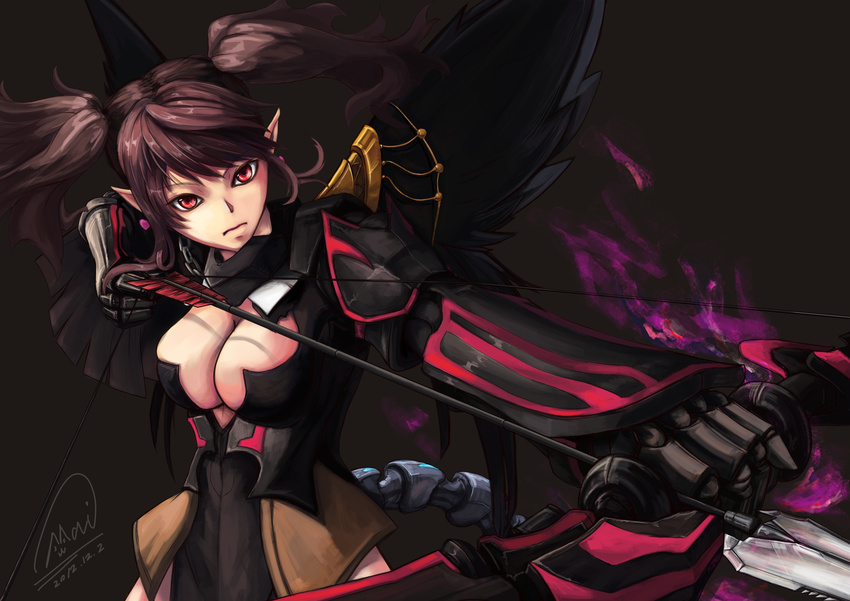 absurdres archer_(dragon_nest) armor arrow black_wings bow_(weapon) breasts brown_hair cleavage dragon_nest gauntlets highres large_breasts pointy_ears red_eyes shou_mai weapon wings