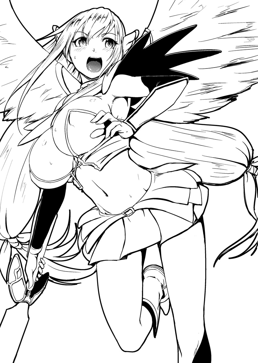 absurdres astraea blush breasts clearite greyscale highres large_breasts long_hair monochrome open_mouth simple_background skirt solo sora_no_otoshimono sword very_long_hair weapon white_background wings
