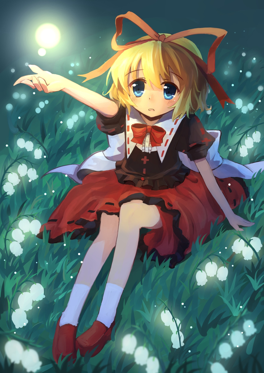 blonde_hair blue_eyes bow capelet eluthel flower glowing grass hair_ribbon highres lights lily_of_the_valley medicine_melancholy night open_mouth outstretched_arm outstretched_hand puffy_sleeves ribbon shirt short_hair short_sleeves sitting skirt solo touhou