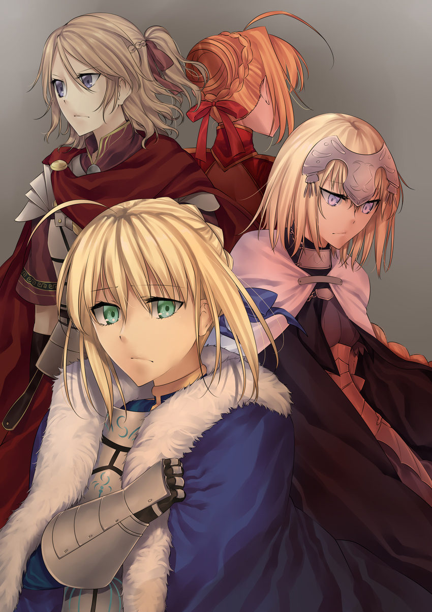 absurdres armor artoria_pendragon_(all) back-to-back blonde_hair blue_cape blue_eyes breastplate cape cloak fate/apocrypha fate/extra fate/stay_night fate_(series) gauntlets genderswap genderswap_(mtf) green_eyes hair_bun headpiece highres jeanne_d'arc_(fate) jeanne_d'arc_(fate)_(all) julius_caesar multiple_girls multiple_persona nashoki nero_claudius_(fate) nero_claudius_(fate)_(all) original saber