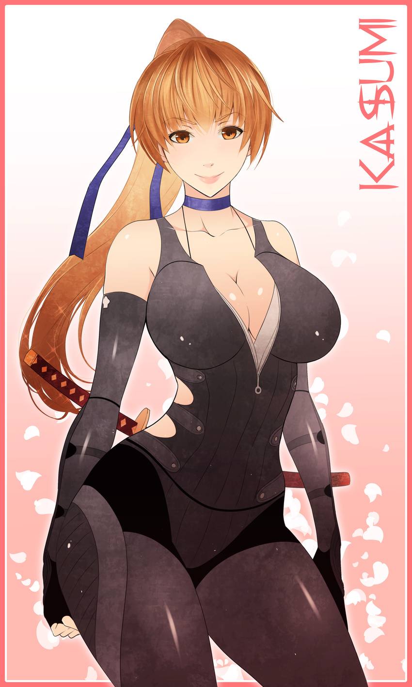 absurdres bare_shoulders breasts brown_eyes brown_hair character_name cleavage clenched_hand collarbone curvy dead_or_alive dead_or_alive_5 elbow_gloves fingerless_gloves gloves highres huge_breasts kasumi_(doa) looking_at_viewer ninja ponytail sheath smile solo sword weapon x-teal2