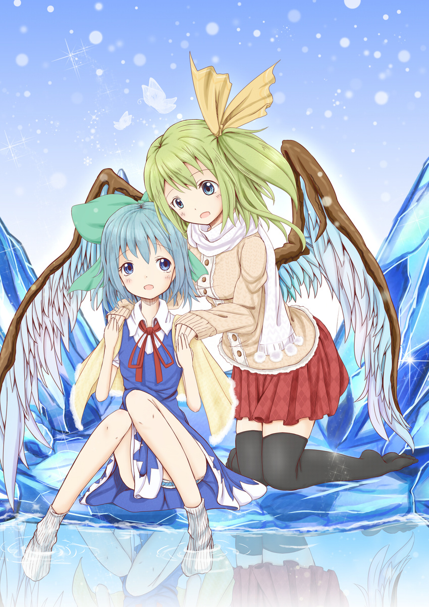 alternate_costume alternate_wings bare_legs black_legwear blanket blue_dress blue_eyes blue_hair blue_panties bow bug butterfly cirno daiyousei dress green_hair hair_bow hair_ribbon highres holding_hands ice insect jacket kneeling long_hair long_sleeves multiple_girls no_shoes panties pantyshot pantyshot_(sitting) reflection ribbon runathito scarf short_hair side_ponytail sitting soaking_feet socks sparkle striped striped_panties tears thighhighs touhou underwear water white_legwear wings zettai_ryouiki