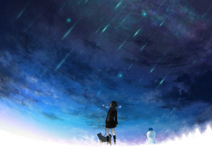 dog highres kneehighs original scarf scenery shooting_star skirt sky snow snowman solo star_(sky) tokiti