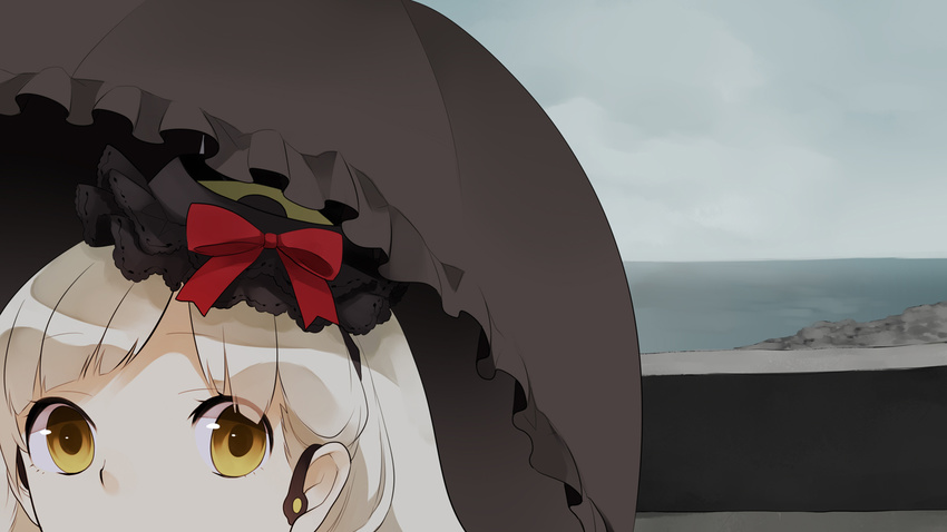 blonde_hair close-up face gothic_lolita koyubi_right lolita_fashion long_hair mayu_(vocaloid) outdoors solo umbrella vocaloid yellow_eyes