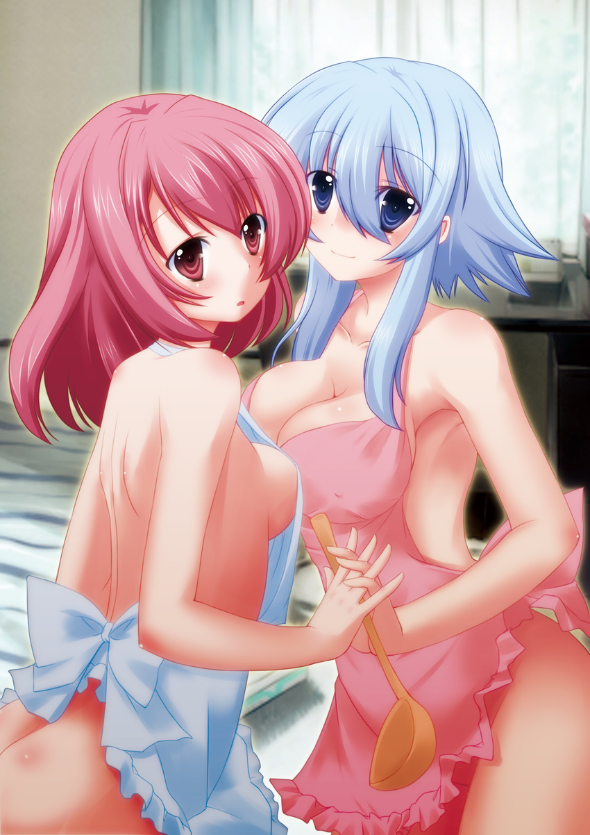 apron ass bare_shoulders blue_eyes blue_hair breasts cleavage collaboration_request colorized copyright_request fuzuki_kazuya highres holding_hands interlocked_fingers large_breasts long_hair medium_breasts multiple_girls naked_apron pink_eyes pink_hair short_hair sideboob smile spoon