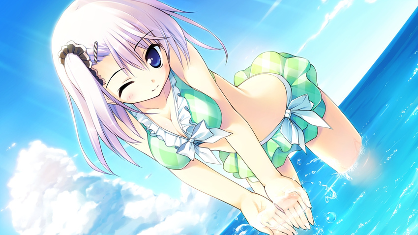 1girl bikini blue_eyes breast_squeeze breasts cleavage cloud clouds game_cg looking_at_viewer ocean outdoors purple_hair short_hair side_ponytail sky smile solo standing sunlight swimsuit water wink