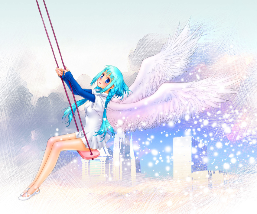 angel aqua_hair braid building crosshatching feathered_wings highres long_hair looking_at_viewer original sleeves_past_wrists smile snow solo swing twin_braids wings yui_toshiki