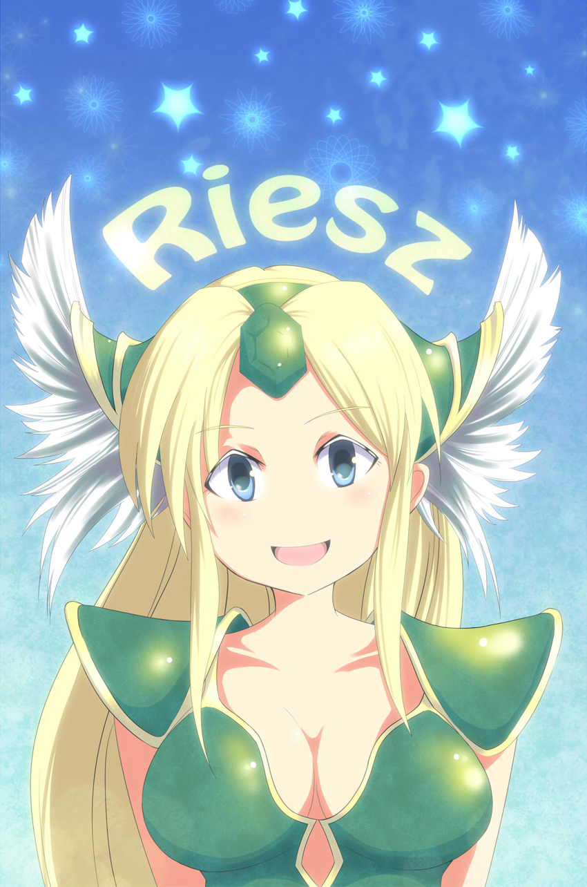 armor blonde_hair blue_eyes breasts character_name cleavage famiki highres long_hair looking_at_viewer no_nose open_mouth riesz seiken_densetsu seiken_densetsu_3 smile solo upper_body