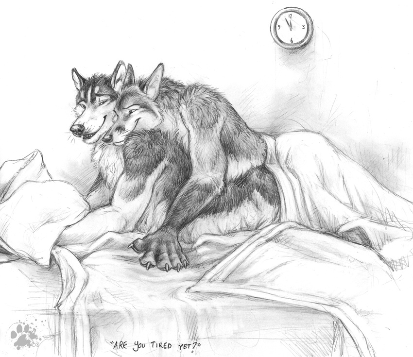 anthro bed bed_sheet biceps black_and_white blanket blotch bottomless canine claws clock clothed clothing convenient_censorship couple cuddling dog duo fangs fox fur gay half-dressed lying male mammal monochrome muscles nude on_front pillow sex sketch smile suggestive text topless