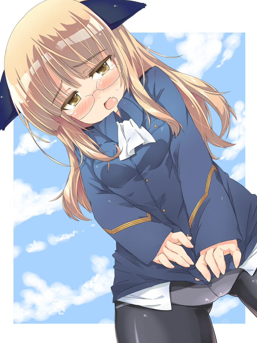 animal_ears bad_id bad_pixiv_id black_legwear blue_jacket blue_sky blush cat_ears cloud crotch crotch_seam dutch_angle embarrassed from_below glasses highres itou_ayachi jacket light_brown_hair long_hair no_pants open_mouth panties panties_under_pantyhose pantyhose pantyshot pantyshot_(standing) perrine_h_clostermann sky sleeves_past_wrists solo standing strike_witches sweat tears underwear white_panties world_witches_series yellow_eyes
