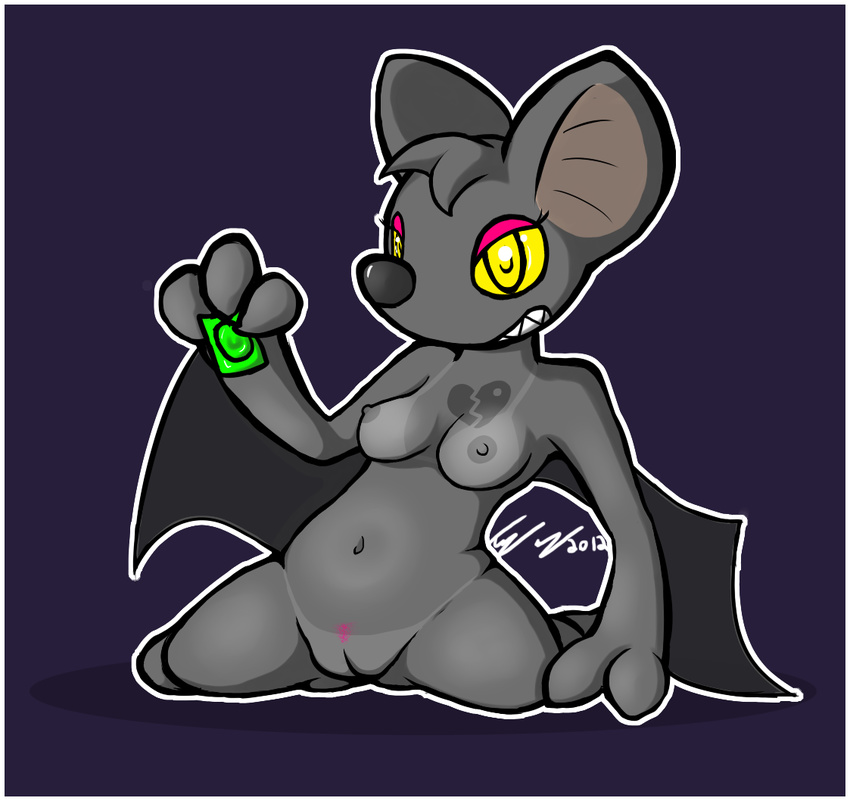 &lt;3 3_fingers anthro bat breasts condom female fionthebunny grey_body grey_nipples grey_nose grin kneeling mammal navel nipples pubes purple_background pussy solo spread_legs spreading tan_line tattoo teeth toony winged_arms wings