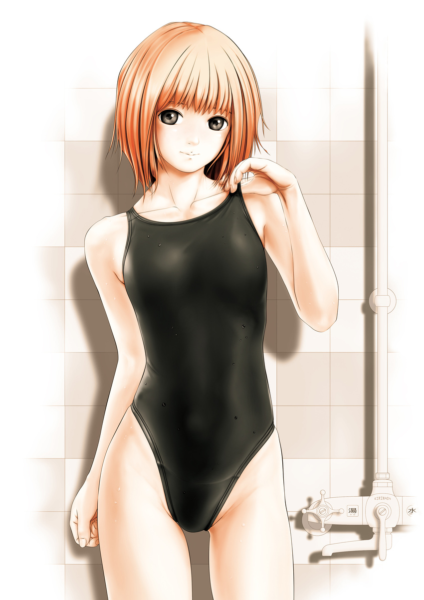 absurdres black_eyes competition_swimsuit faucet highres kirin404 one-piece_swimsuit orange_hair original revision short_hair solo swimsuit