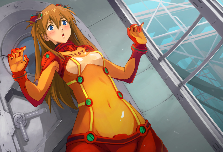 :o armpits bangs blue_eyes blush bodysuit bra bracer breasts brown_hair clothes_writing covered_navel cowboy_shot door dutch_angle elrowa embarrassed english evangelion:_2.0_you_can_(not)_advance from_below gloves groin hair_ornament hairpods headgear hips indoors long_hair looking_at_viewer multicolored multicolored_bodysuit multicolored_clothes neon_genesis_evangelion open_mouth orange_bodysuit parted_bangs pilot_suit plugsuit rebuild_of_evangelion red_bodysuit see-through shikinami_asuka_langley small_breasts solo souryuu_asuka_langley surprised surprised_arms test_plugsuit turtleneck two_side_up underwear window